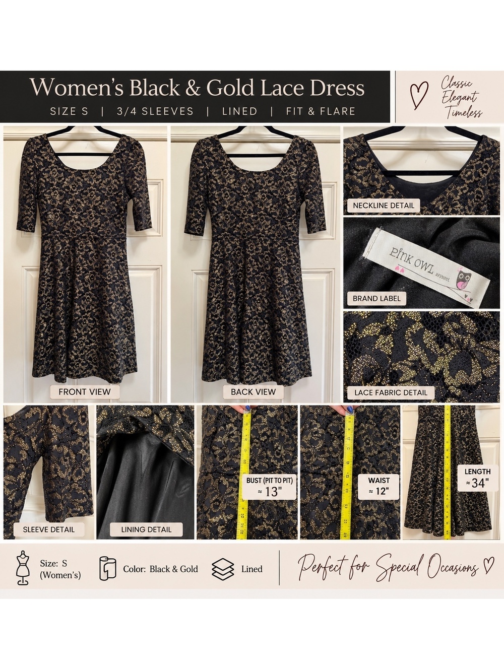 Pink Owl Black Gold Metallic Lace Fit & Flare Dress Size S